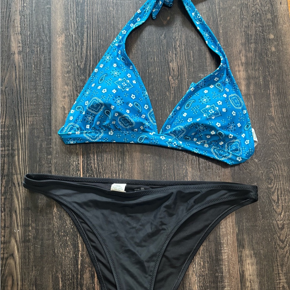 Aerie Blue and Black Bikini Set with Shimmering Triangle Top